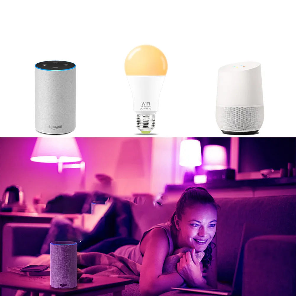 WiFi smart LED light bulb with E27 screw cap showing multicoloured RGB illumination