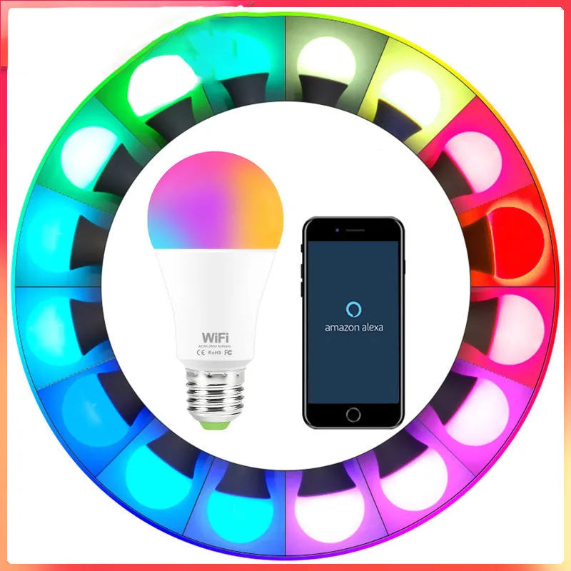 WiFi smart LED light bulb with E27 screw cap showing multicoloured RGB illumination