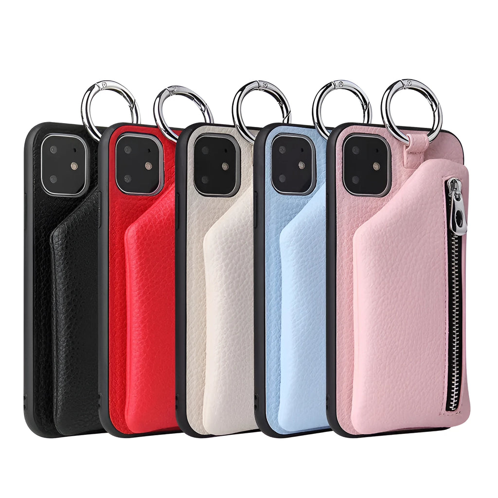 PU leather crossbody phone case with neck lanyard in solid colour, shown on a smartphone.