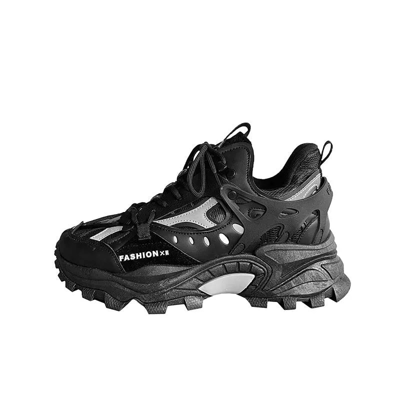 Round head net top daddy shoes for men with thick sole, synthetic leather upper and belt decoration in white