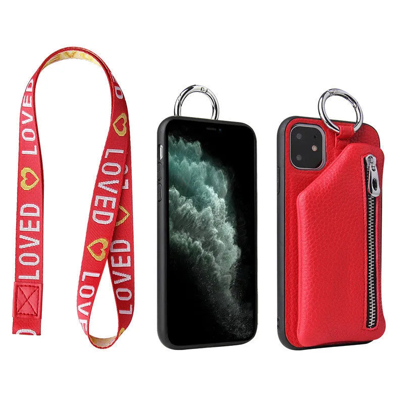 PU leather crossbody phone case with neck lanyard in solid colour, shown on a smartphone.