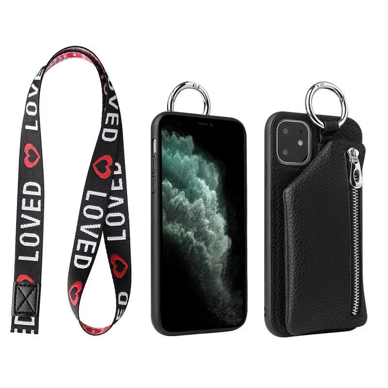 PU leather crossbody phone case with neck lanyard in solid colour, shown on a smartphone.