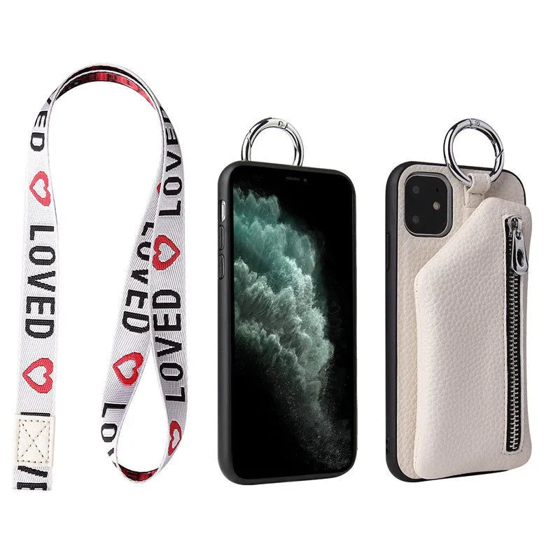 PU leather crossbody phone case with neck lanyard in solid colour, shown on a smartphone.