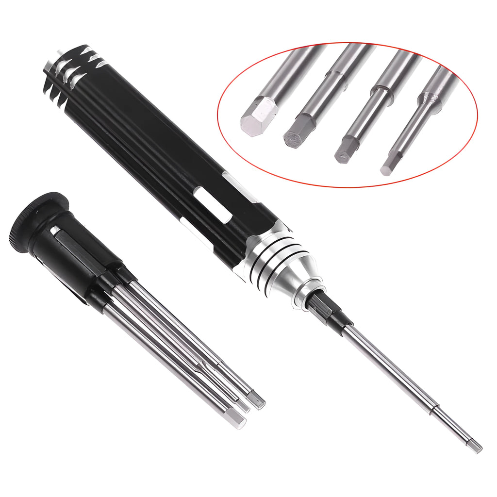 Black four-piece hexagon socket screwdriver set for aeromodelling with aluminium handle