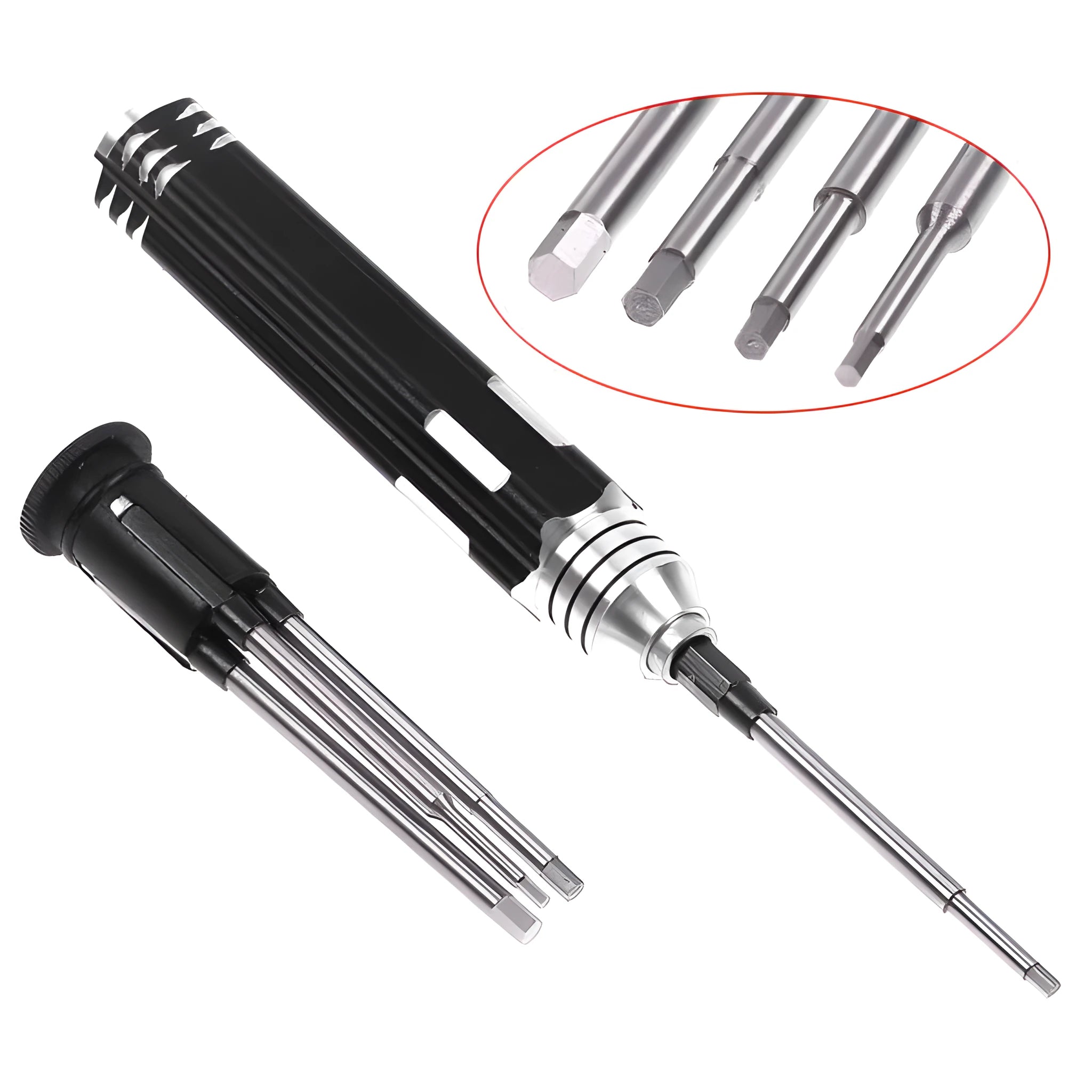 Black four-piece hexagon socket screwdriver set for aeromodelling with aluminium handle
