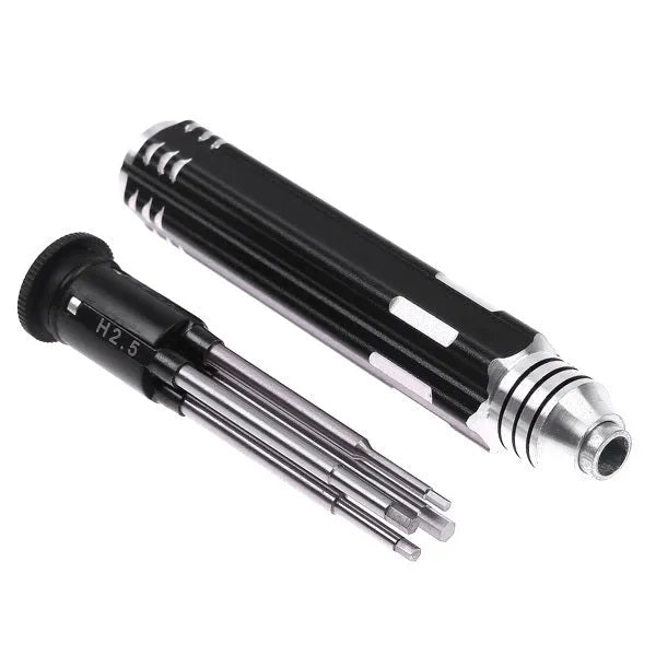 Black four-piece hexagon socket screwdriver set for aeromodelling with aluminium handle