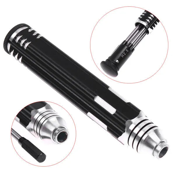 Black four-piece hexagon socket screwdriver set for aeromodelling with aluminium handle