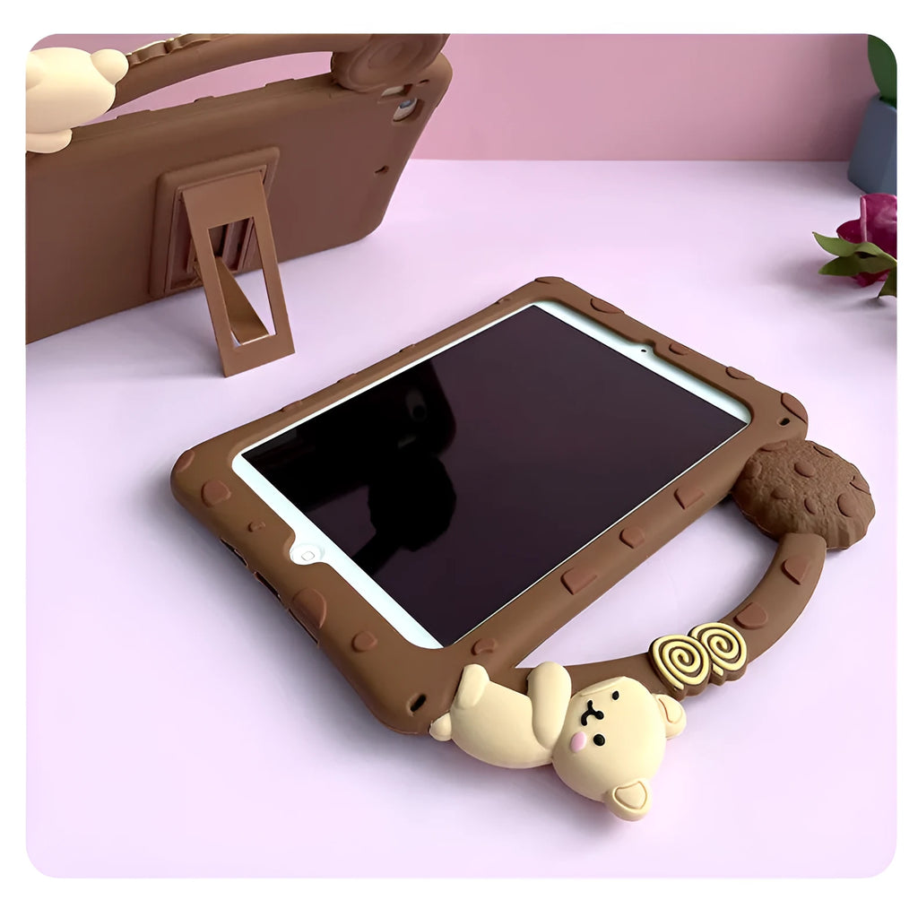Brown cartoon design silicone sleeve case for iPad tablet with bracket portable feature.