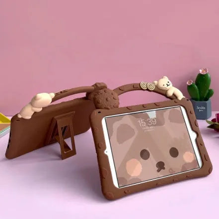 Brown cartoon design silicone sleeve case for iPad tablet with bracket portable feature.