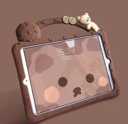 Brown cartoon design silicone sleeve case for iPad tablet with bracket portable feature.