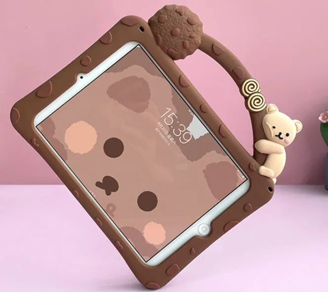 Brown cartoon design silicone sleeve case for iPad tablet with bracket portable feature.