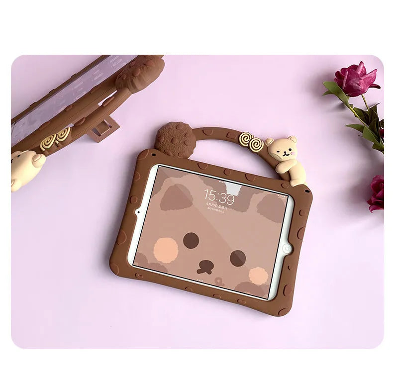 Brown cartoon design silicone sleeve case for iPad tablet with bracket portable feature.