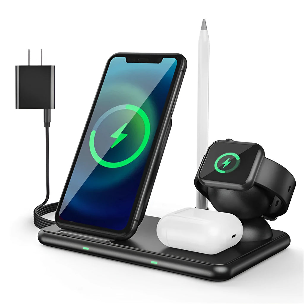 Black wireless charger for Apple phone, watch, and headset with Type-C port and indicator light