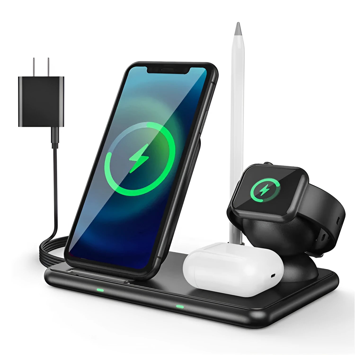 Black wireless charger for Apple phone, watch, and headset with Type-C port and indicator light