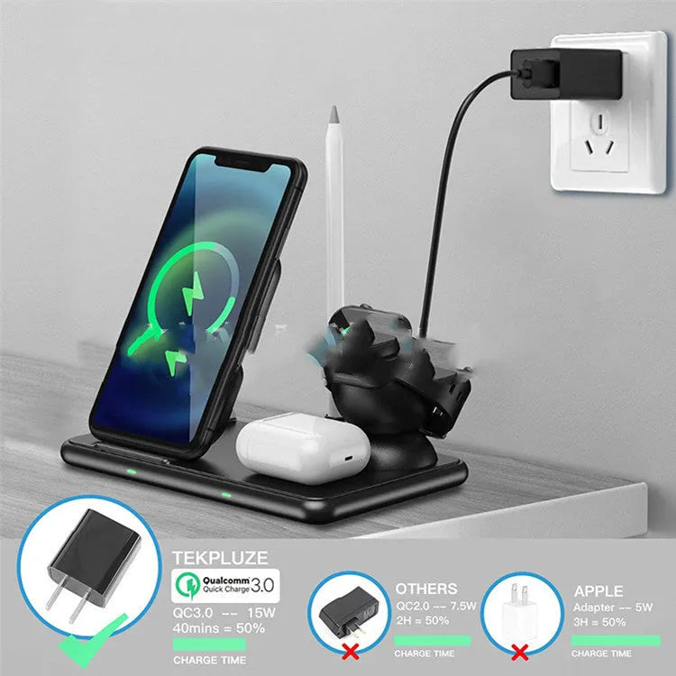 Black wireless charger for Apple phone, watch, and headset with Type-C port and indicator light