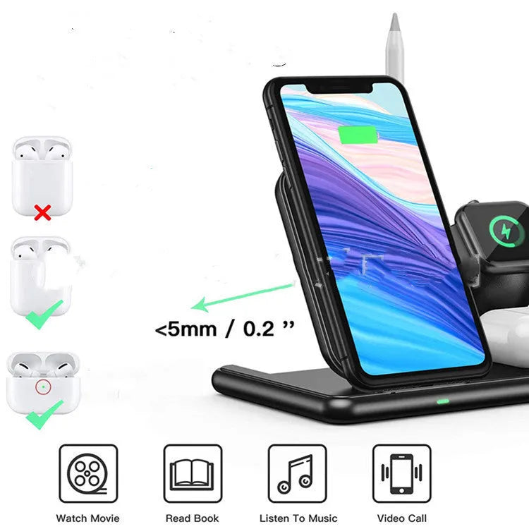 Black wireless charger for Apple phone, watch, and headset with Type-C port and indicator light