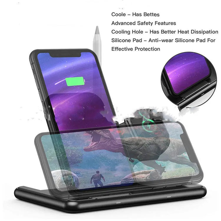 Black wireless charger for Apple phone, watch, and headset with Type-C port and indicator light