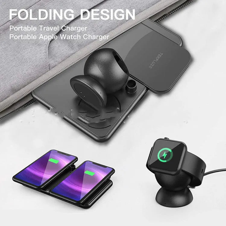 Black wireless charger for Apple phone, watch, and headset with Type-C port and indicator light