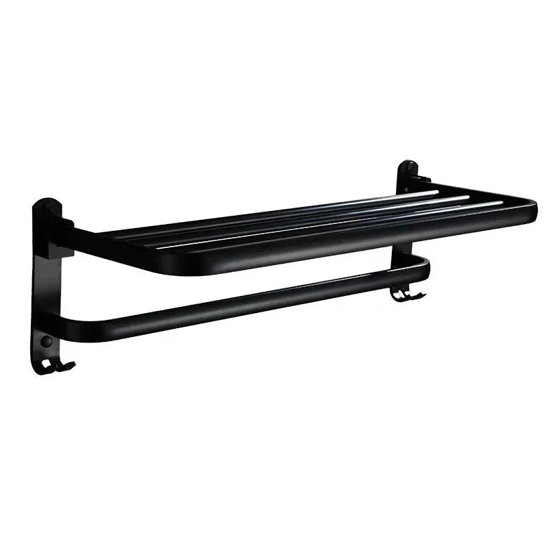 Aluminium bathroom folding shelf with two tiers, shown in a light luxury style with optional hooks.
