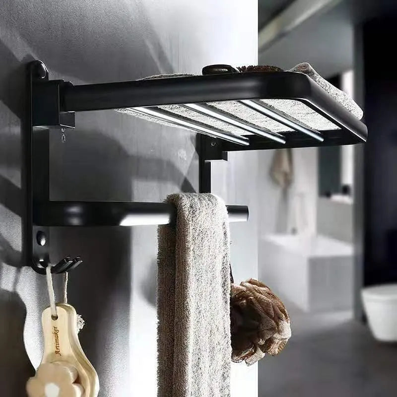 Aluminium bathroom folding shelf with two tiers, shown in a light luxury style with optional hooks.
