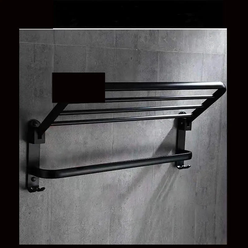 Aluminium bathroom folding shelf with two tiers, shown in a light luxury style with optional hooks.