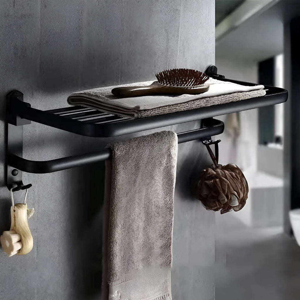 Aluminium bathroom folding shelf with two tiers, shown in a light luxury style with optional hooks.