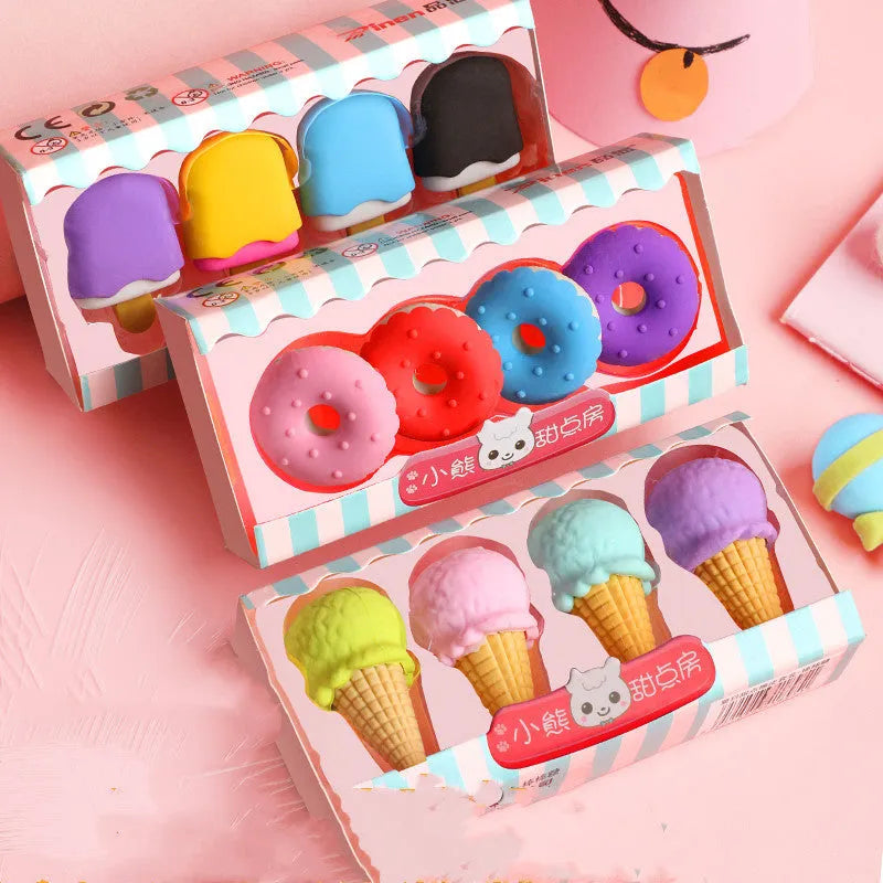 Cartoon eraser gift set for kindergarten children with ice cream, donut, and lollipop designs