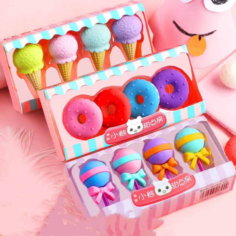 Cartoon eraser gift set for kindergarten children with ice cream, donut, and lollipop designs
