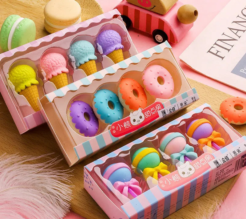 Cartoon eraser gift set for kindergarten children with ice cream, donut, and lollipop designs