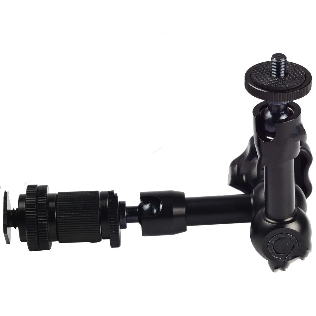 Black metal MENGS 7-inch magic friction articulating arm for DSLR cameras with ball heads and mounts.