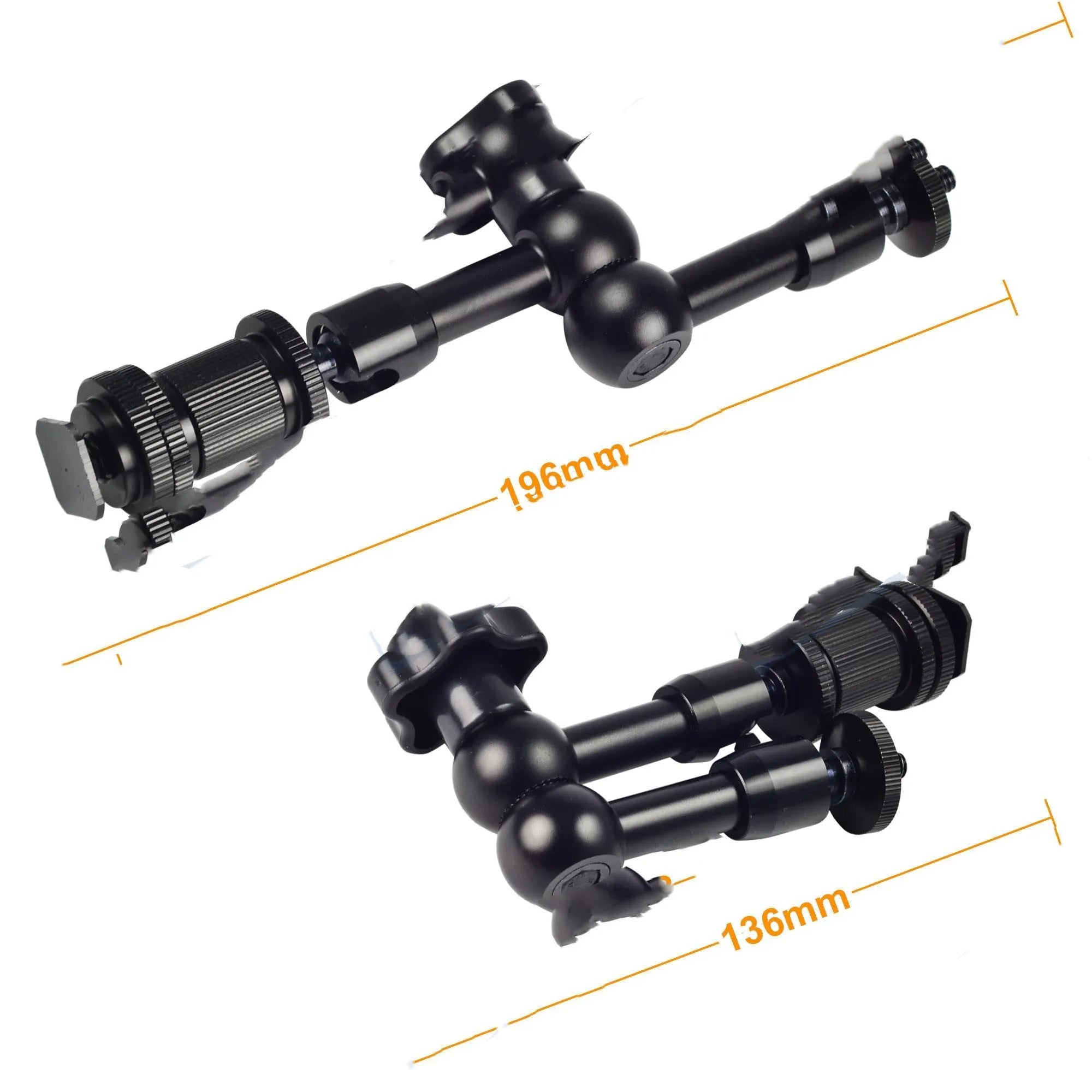 Black metal MENGS 7-inch magic friction articulating arm for DSLR cameras with ball heads and mounts.