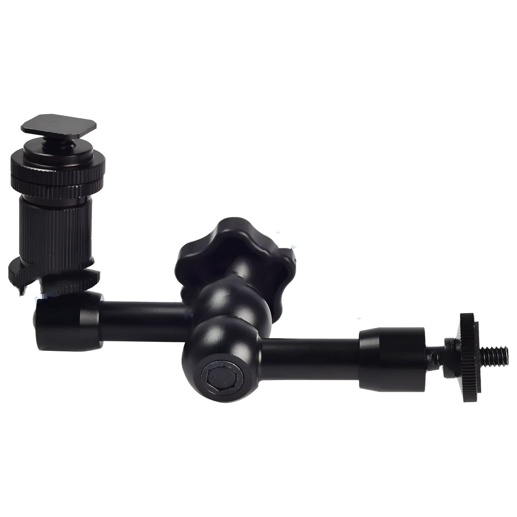 Black metal MENGS 7-inch magic friction articulating arm for DSLR cameras with ball heads and mounts.