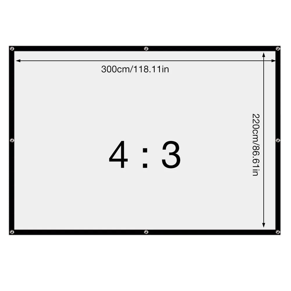 White polyester folding projection screen showing 150 inch diagonal measurement