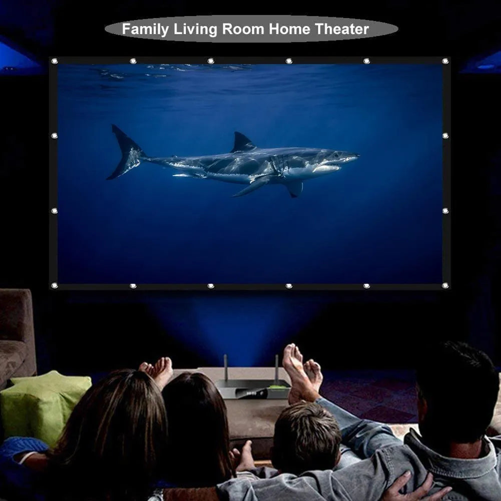 White polyester folding projection screen showing 150 inch diagonal measurement