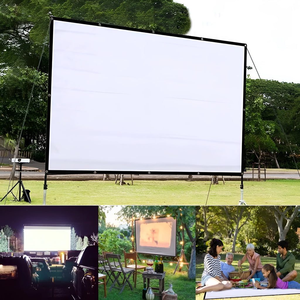 White polyester folding projection screen showing 150 inch diagonal measurement