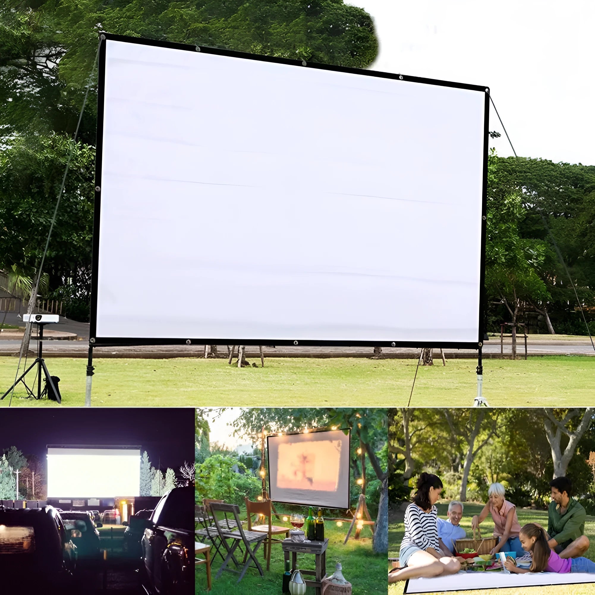 White polyester folding projection screen showing 150 inch diagonal measurement