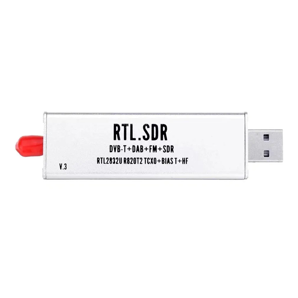 Black metal SDR receiver with gold SMA connector for 25MHz-1700MHz coverage including ADS-B aviation band