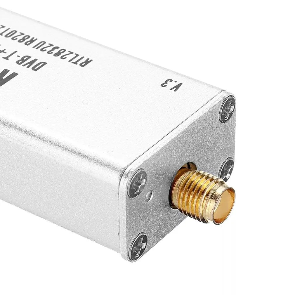 Black metal SDR receiver with gold SMA connector for 25MHz-1700MHz coverage including ADS-B aviation band
