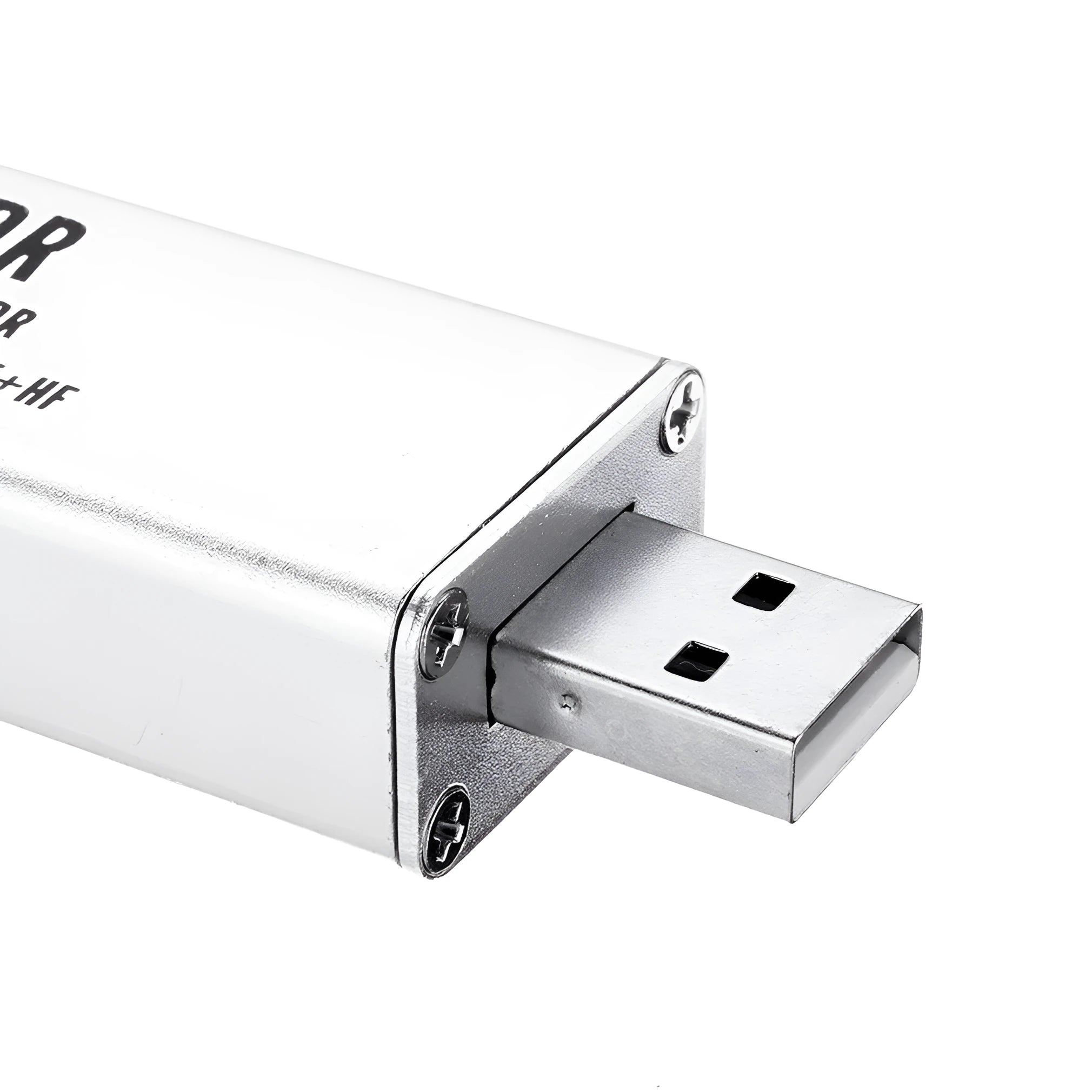 Black metal SDR receiver with gold SMA connector for 25MHz-1700MHz coverage including ADS-B aviation band