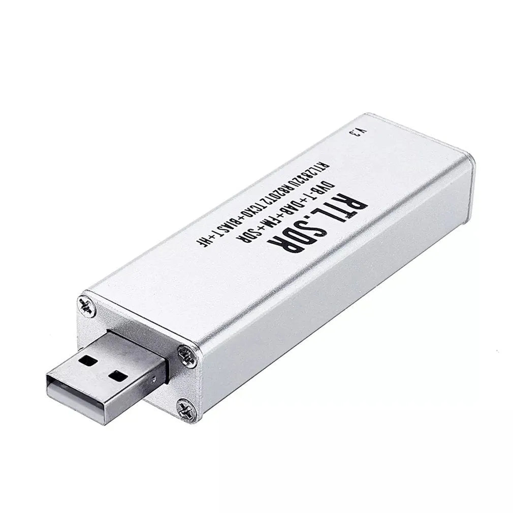 Black metal SDR receiver with gold SMA connector for 25MHz-1700MHz coverage including ADS-B aviation band