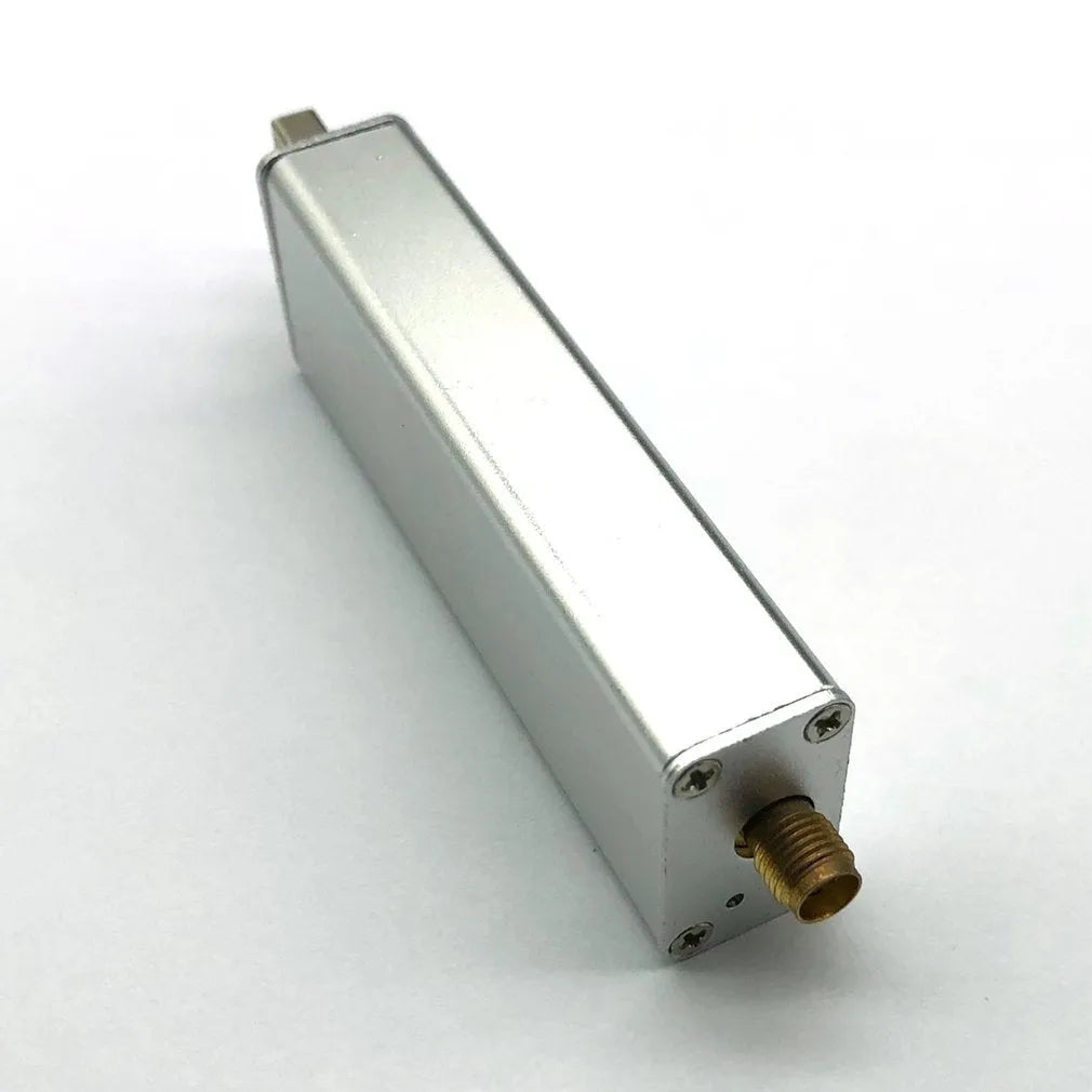 Black metal SDR receiver with gold SMA connector for 25MHz-1700MHz coverage including ADS-B aviation band