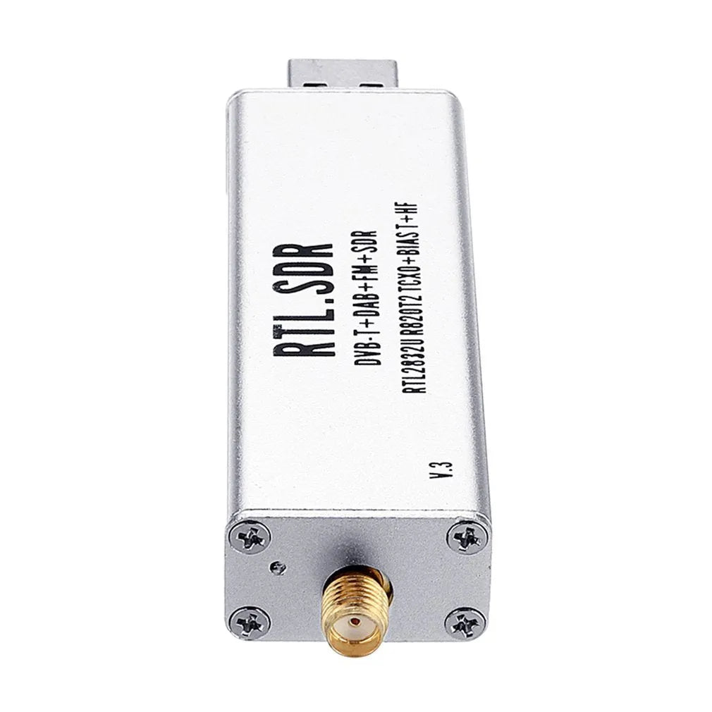 Black metal SDR receiver with gold SMA connector for 25MHz-1700MHz coverage including ADS-B aviation band