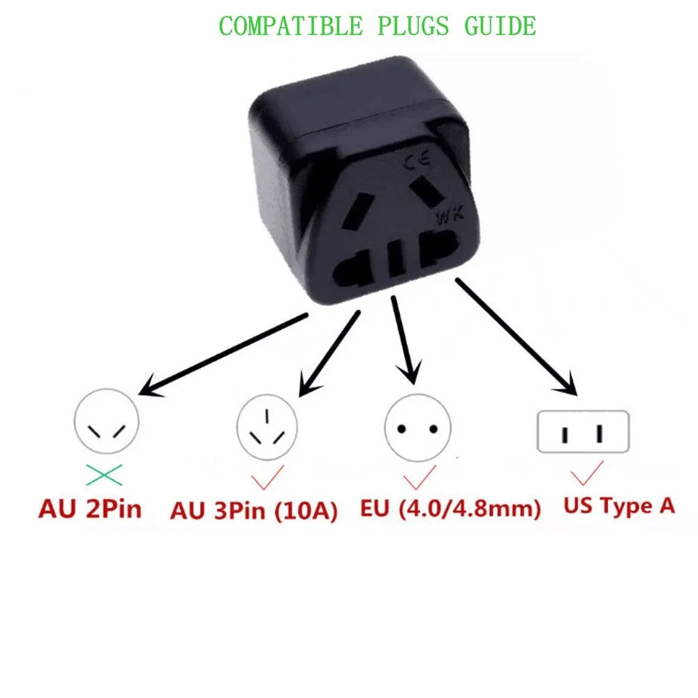 Square three plug universal power adapter with UK grounding in black or white