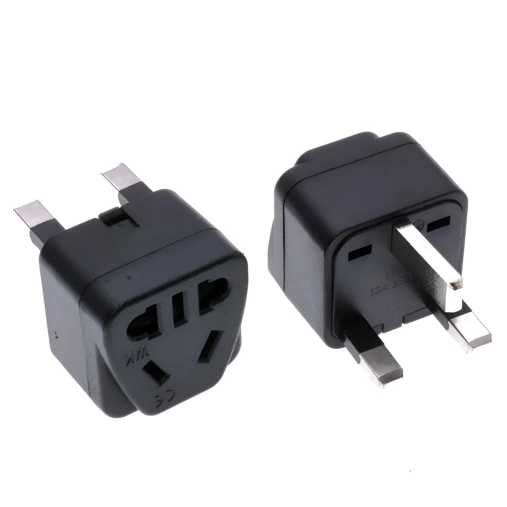 Square three plug universal power adapter with UK grounding in black or white