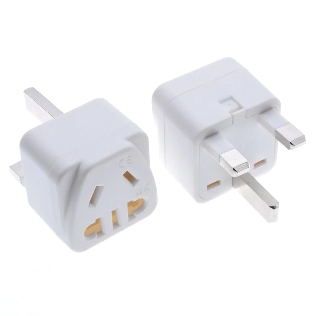 Square three plug universal power adapter with UK grounding in black or white