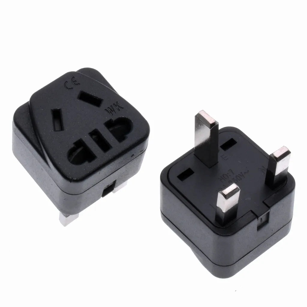 Square three plug universal power adapter with UK grounding in black or white