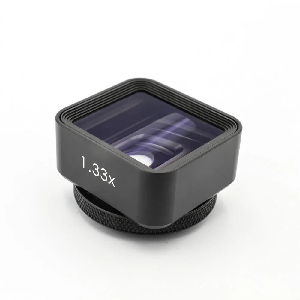 Black SANYK 1.33x anamorphic mobile phone lens for cinematic widescreen video recording