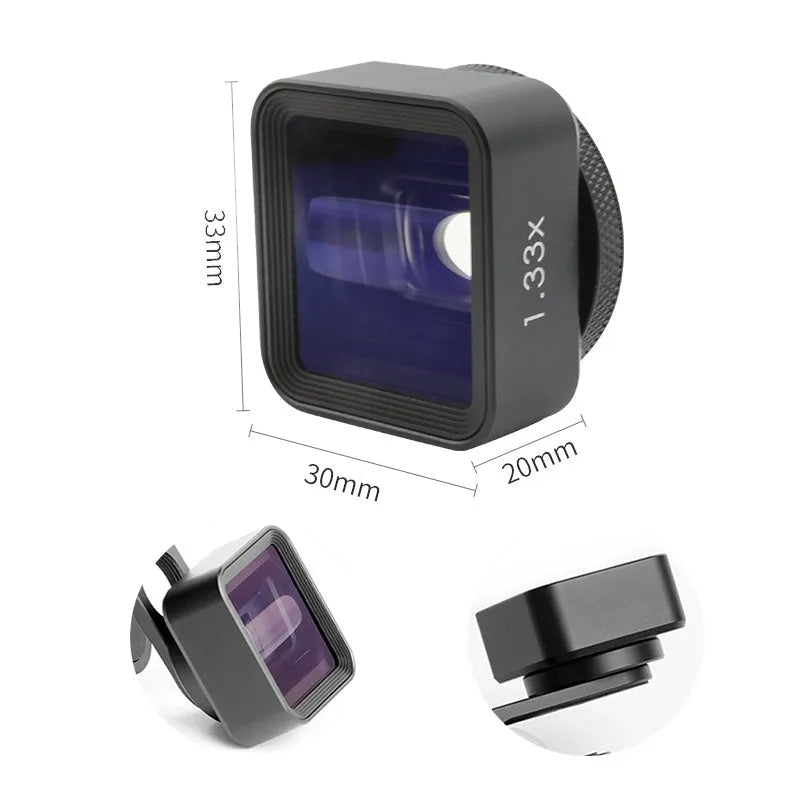 Black SANYK 1.33x anamorphic mobile phone lens for cinematic widescreen video recording