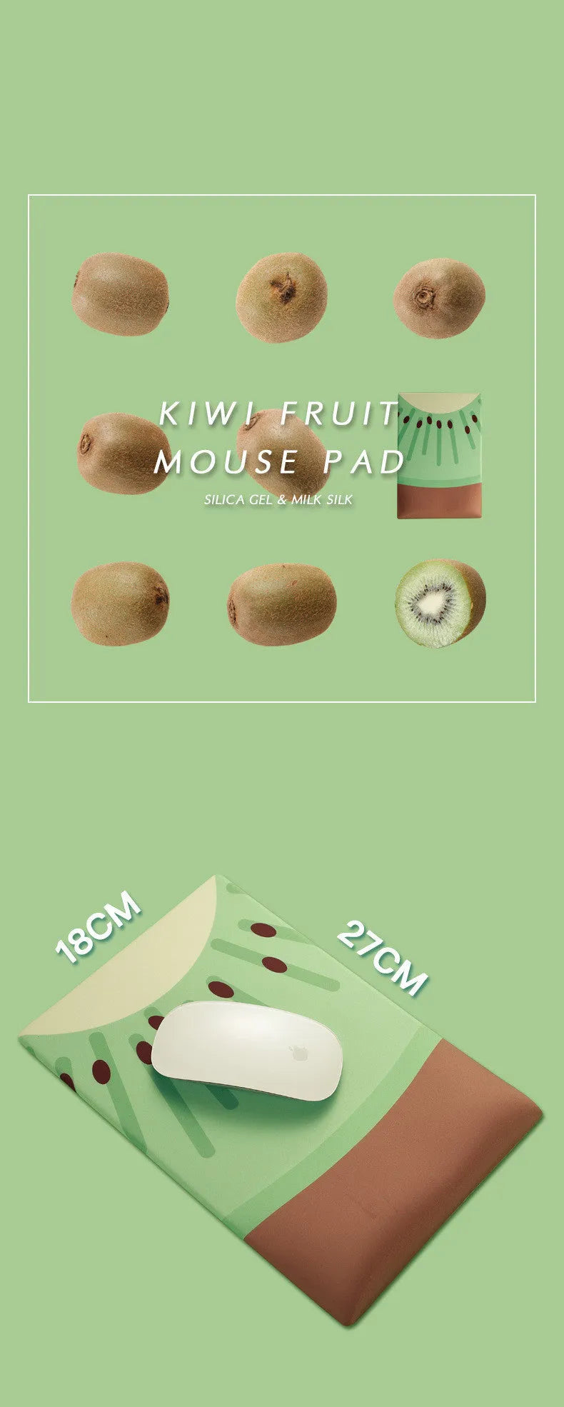 Kiwi fruit design silicone mouse pad with integrated thick wrist support cushion on a desk