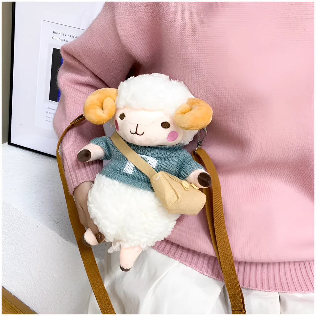 Little Sheep plush crossbody bag in blue or khaki with lamb pattern and zip pocket